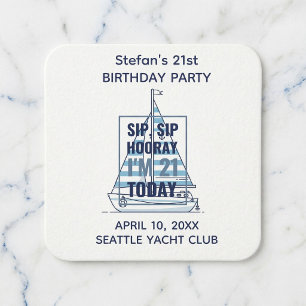 Dessous De Verre Carré Sip Sip Hourra Anniversaire 21 Personnalisé Nautiq