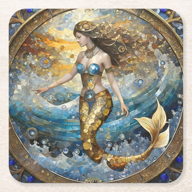 Dessous De Verre Carré Sirène dans les vagues de l'océan (Devant)