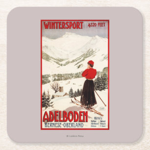 Dessous De Verre Carré Skieur de femme donnant sur l'affiche d'Adelboden