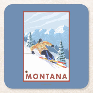 Dessous De Verre Carré Skieur de neige de Downhhill - Montana