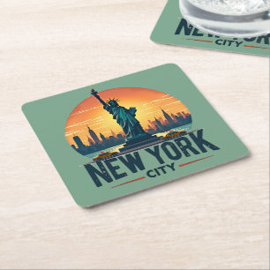 Dessous De Verre Carré Skyline de New York avec Statue de la Liberté