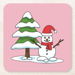 Dessous De Verre Carré Snowman avec Snowman Pine Tree