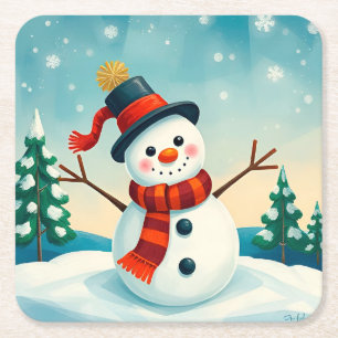 Dessous De Verre Carré Snowman joyeux dans le paysage hivernal