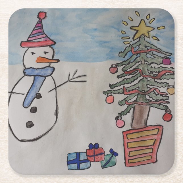 Dessous De Verre Carré Snowman & sapin de Noël (Devant)