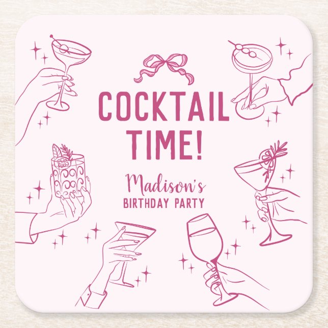 Dessous De Verre Carré Soirée Cocktail rose Retro Anniversaire (Devant)