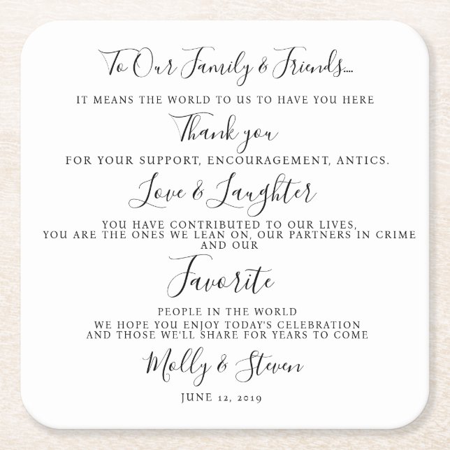 Dessous De Verre Carré Soirée de mariage/Merci mariage (Devant)