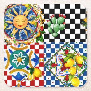Dessous De Verre Carré soleil sicilien, citron, carreaux méditerranéens,