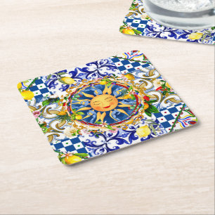 Dessous De Verre Carré soleil sicilien, citron, carreaux méditerranéens,