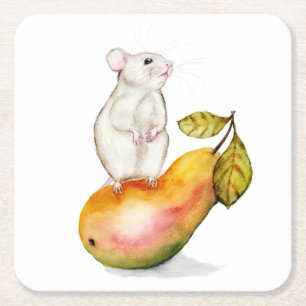 Dessous De Verre Carré Souris charmante sur une poire