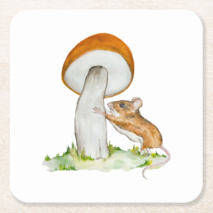 Dessous De Verre Carré Souris drôle avec champignon sauvage