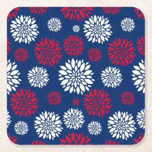 Dessous De Verre Carré Sous-tasses Fleur Rouge, Blanc & Bleu
