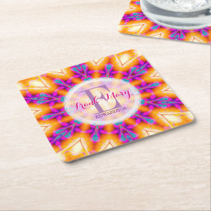 Dessous De Verre Carré Sous-verres en papier Monogramme Or Rose Fuschia