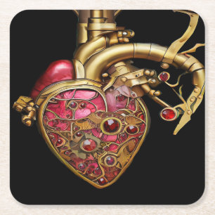 Dessous De Verre Carré Steampunk Coeur Anatomique rubis et engrenages