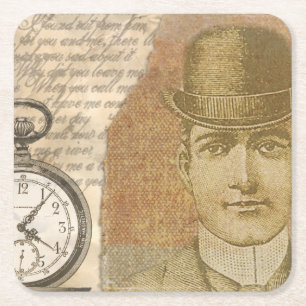 Dessous De Verre Carré Steampunk Man Pocket Watch Bowler Casquette