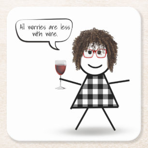 Dessous De Verre Carré Stick Party Girl with Wine Cote