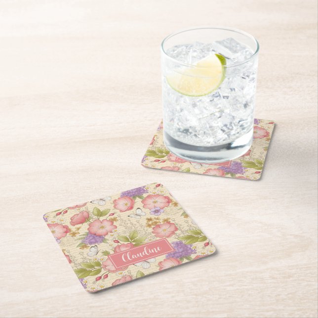 Dessous De Verre Carré Style botanique rose (En situation)