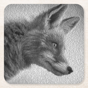 DESSOUS DE VERRE CARRÉ STYLE DE PEINTURE RENARD NOIR ET BLANC