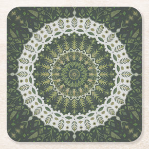 Dessous De Verre Carré Style écologique bohémien Mandala vert feuilles