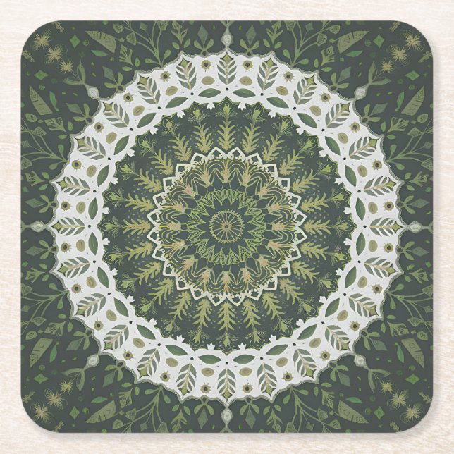 Dessous De Verre Carré Style écologique bohémien Mandala vert feuilles (Devant)