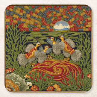 Dessous De Verre Carré Style Rétro Tapisserie Verte Oiseaux Exotiques
