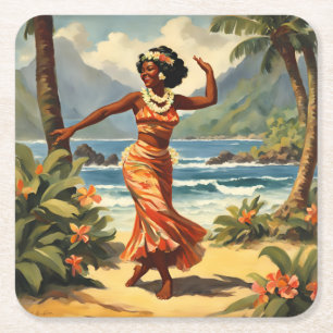 Dessous De Verre Carré Style vintage Hawaiian Travel Hula Girl Danser