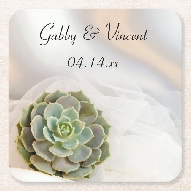 Dessous De Verre Carré Succulent vert sur Mariage blanc (Devant)