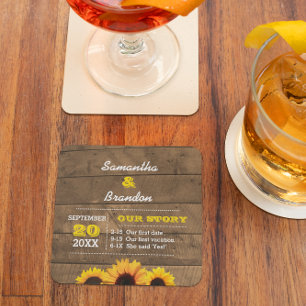 Dessous De Verre Carré Sunflowers & Bois rustique Mariage personnalisé