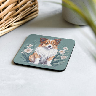 Dessous De Verre Carré Süßer Collie umringt von Blumen - 