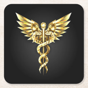 Dessous De Verre Carré Symbole caducee polygonale en or