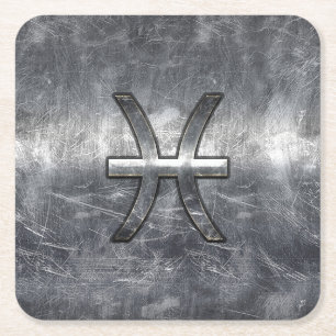 Dessous De Verre Carré Symbole de zodiaque Pisces en acier grunge