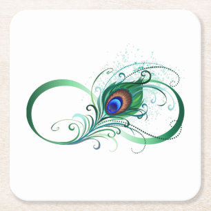 Dessous De Verre Carré Symbole d'infini avec plume de paon