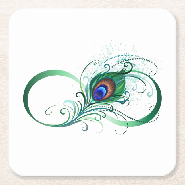 Dessous De Verre Carré Symbole d'infini avec plume de paon (Devant)