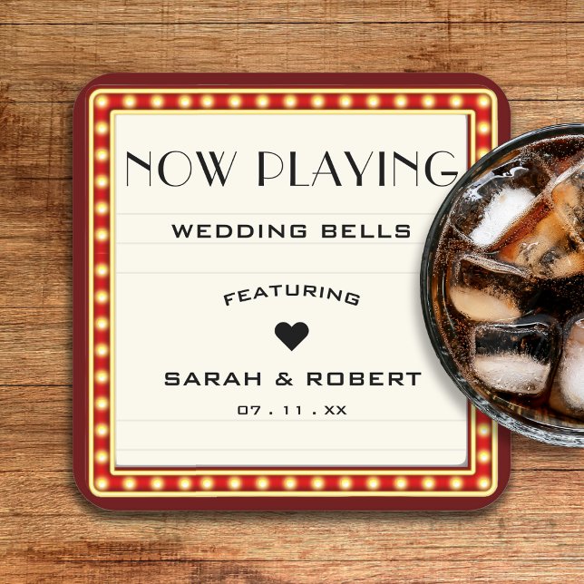 Dessous De Verre Carré Symbole du cinéma rétro Mariage rouge (Retro Cinema Theater Marquee Sign Red Wedding Square Paper Coaster
)