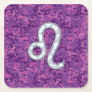 Dessous De Verre Carré Symbole Leo Zodiac sur Camo numérique Fuchsia rose