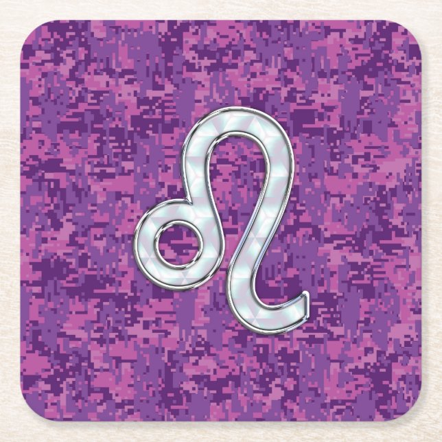 Dessous De Verre Carré Symbole Leo Zodiac sur Camo numérique Fuchsia rose (Devant)