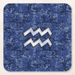 Dessous De Verre Carré Symbole Zodiac Aquarius sur camo numérique bleu m