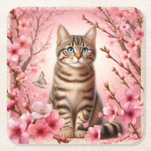 Dessous De Verre Carré Tabby Chat Japonais Cerisier Fleur Kitten