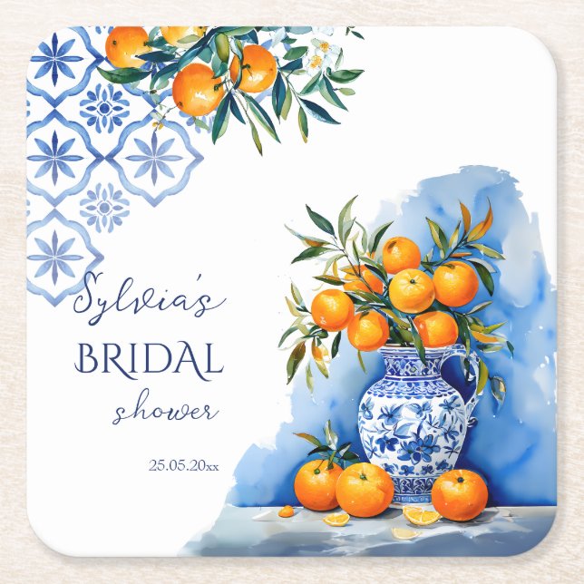 Dessous De Verre Carré Talavera bleu agrumes douche nuptiale faveurs (Devant)