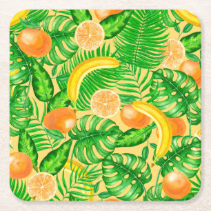 Dessous De Verre Carré Tangerines, bananes et feuilles tropicaux