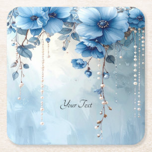 Dessous De Verre Carré Tapisserie Fleurs Bleues et Perles Papier