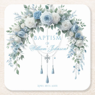 Dessous De Verre Carré Tasse Baptême Rose Bleue & Croix Argentée