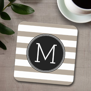 Dessous De Verre Carré Taupe et blanc Motif rayé noir Monogramme