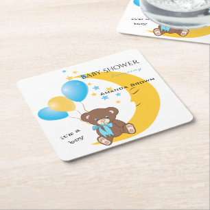 Dessous De Verre Carré Teddy Bear assis sur la Lune   Baby Boy Shower