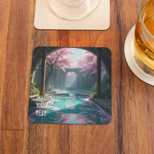 Dessous De Verre Carré Temple Cherry Blossom Avec Anime Sacrée Piscine