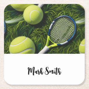 Dessous De Verre Carré Tennis Thème avec balle et raquette