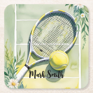 Dessous De Verre Carré Tennis Thème avec balle et raquette