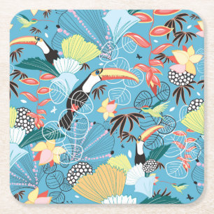 Dessous De Verre Carré Texture tropicale avec des toucans et des colibris