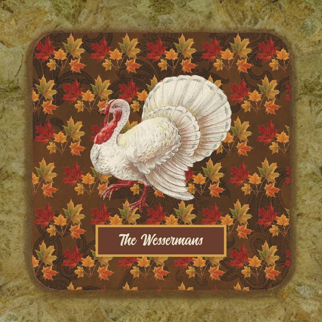 Dessous De Verre Carré Thanksgiving Blanc Turquie automne quitte Monogram (Créateur téléchargé)