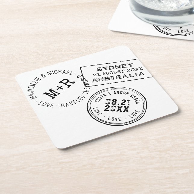 Dessous De Verre Carré Thème Voyage TEXTE MODIFIABLE Timbre Passport (Incliné)