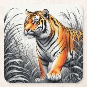 Dessous De Verre Carré Tiger Art Color Partiel noir blanc dessin